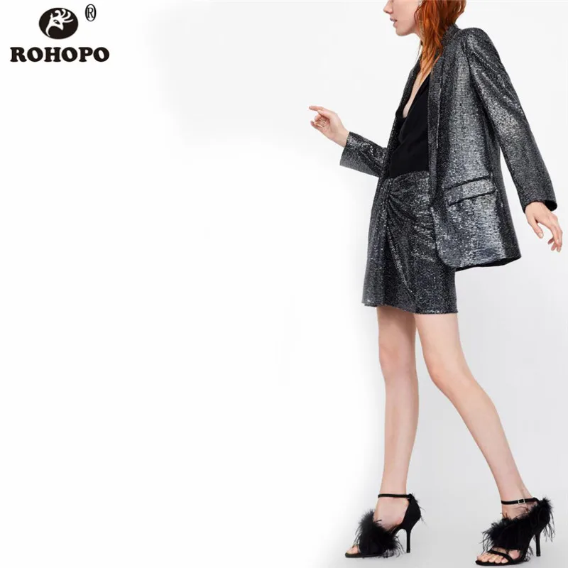 ROHOPO, Женская мини-юбка с блестками, с бантом, с поясом, сексуальный, металлический цвет, уличная одежда, длиной выше колена, прямые юбки# UK8642