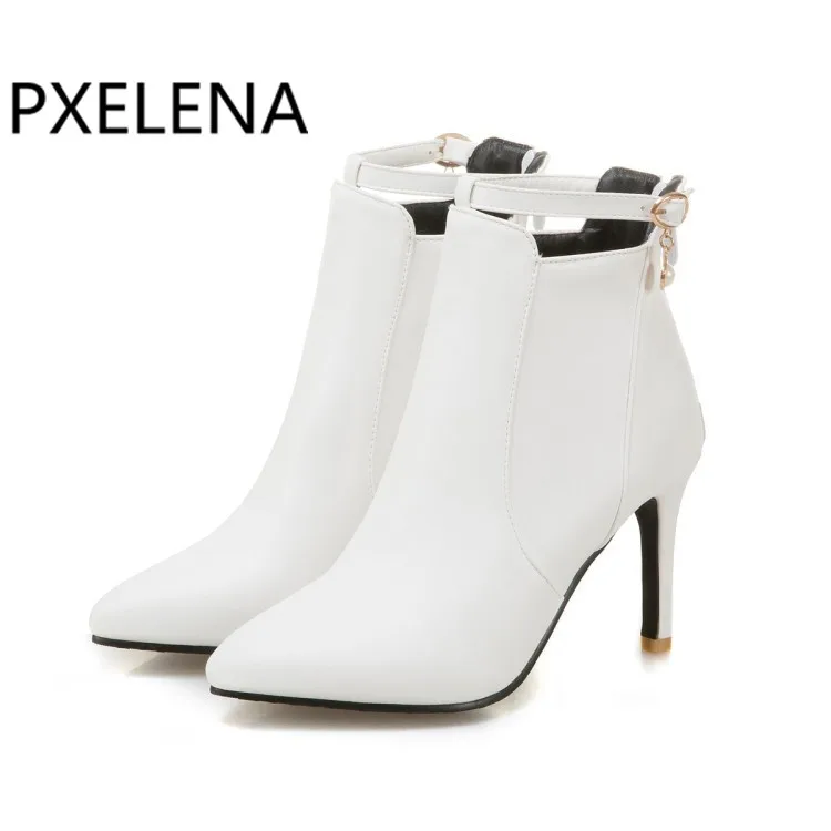

PXELENA Women Boots Winter Ankle Boots High Heels White Boots Ladies Autumn Shoes Pointed Toe Handmade Shoes Pink Black 34-43