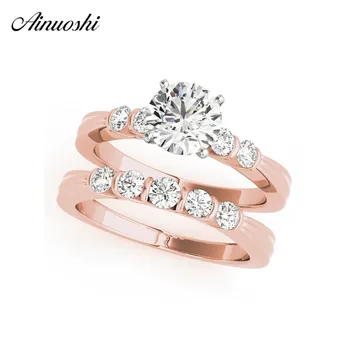

AINUOSHI 925 Sterling Silver Women Ring Set Rose Gold Color Round Cut Ring Sets Aniversary Girls Silver Jewelry anillos de boda