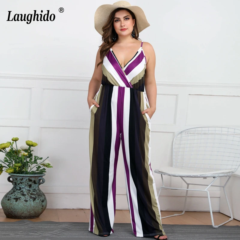 

Laughido Plus Size Striped V Neck Jumpsuit Spaghetti Strap Wide Leg Playsuit Female Slim Casual Rompers Sexy Overalls For Women