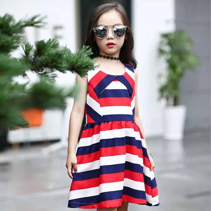 

Girl dress summer Vest sleeveless dresses for Girls knee length Red blue stripes kids costume baby girl clothes 4 8 10 12 years