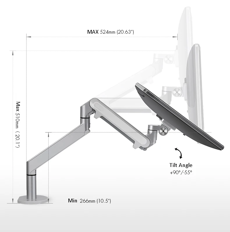 Hyvarwey OZ-1 алюминиевый регулируемый по высоте 17-32 дюймов монитор держатель Настольная подставка Однорычажный газовый пружинный кронштейн для монитора - Цвет: Silver Grey