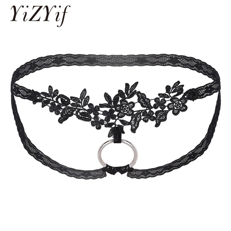 

YiZYiF Mens Sexy G-String Underwear Jockstrap Lace Floral Open Butt and Hollow Out Low Rise Bikini Metal Rings Gay Men Panties