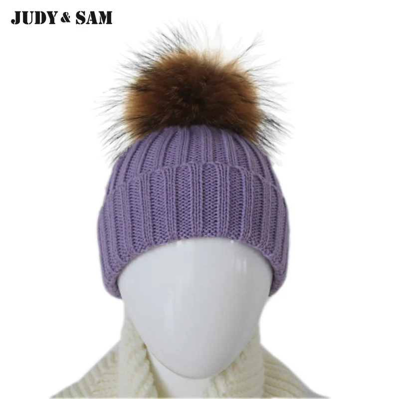 

Brand New 2015 Winter 14 Colors Wool Blend Baby Boys Hats and Caps with Real Raccoon Fur Pom Poms Warm Kids Hat for Girl