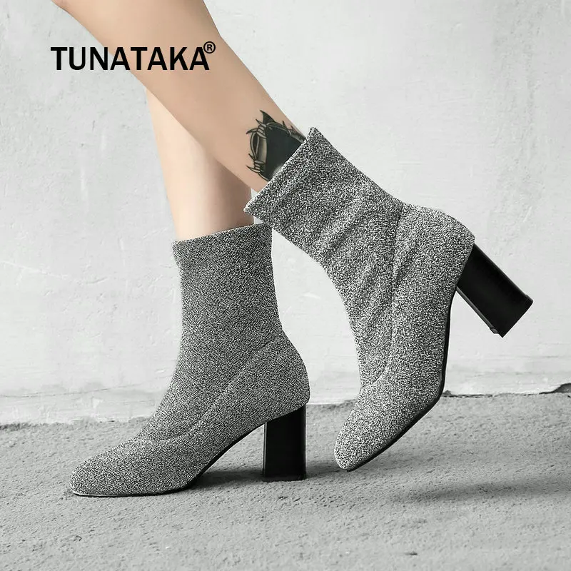 

Women Socks boots Fashion Thick High Heel Ankle Boots Stretch Fabric Autumn Winter Shoes Woman Plus Size 43 2018