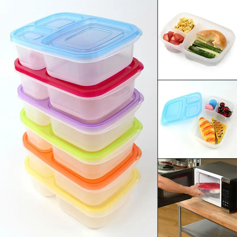 Convenient Useful Plastic Lunch Box With Lid 3 Compartments Food Fruit