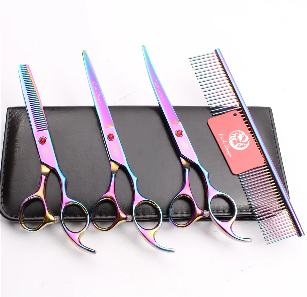 

Z3003 4Pcs 7'' Multicolor Steel Comb + Cutting Shears + Thinning Scissors +UP Curved Shears Professional Pets Hair Scissors Suit