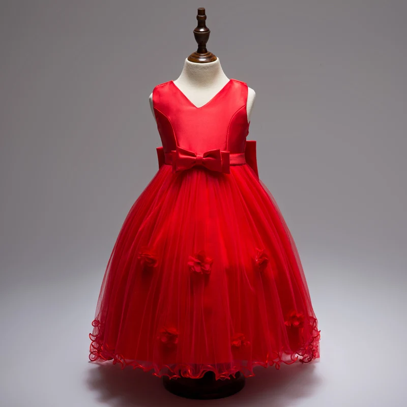 

2017 Children Girls Elegant Ceremonies Wedding Birthday Dresses Tail Flower Girl Party Dress With Bow for 4 6 8 10 12 14 years