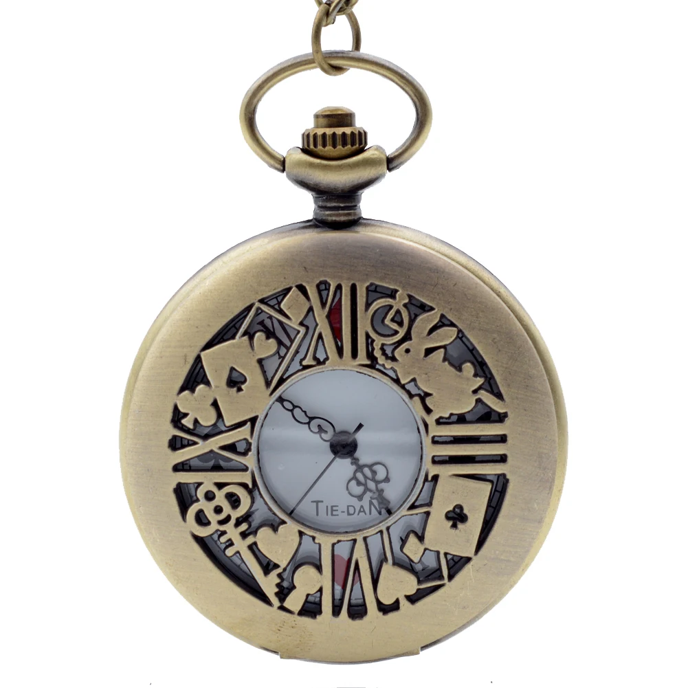 

Alice in Wonderland The Write Rabbit and Key Roman Numerals and Poker Dial Quartz Pocket Watch Analog Pendant Necklace Men Women
