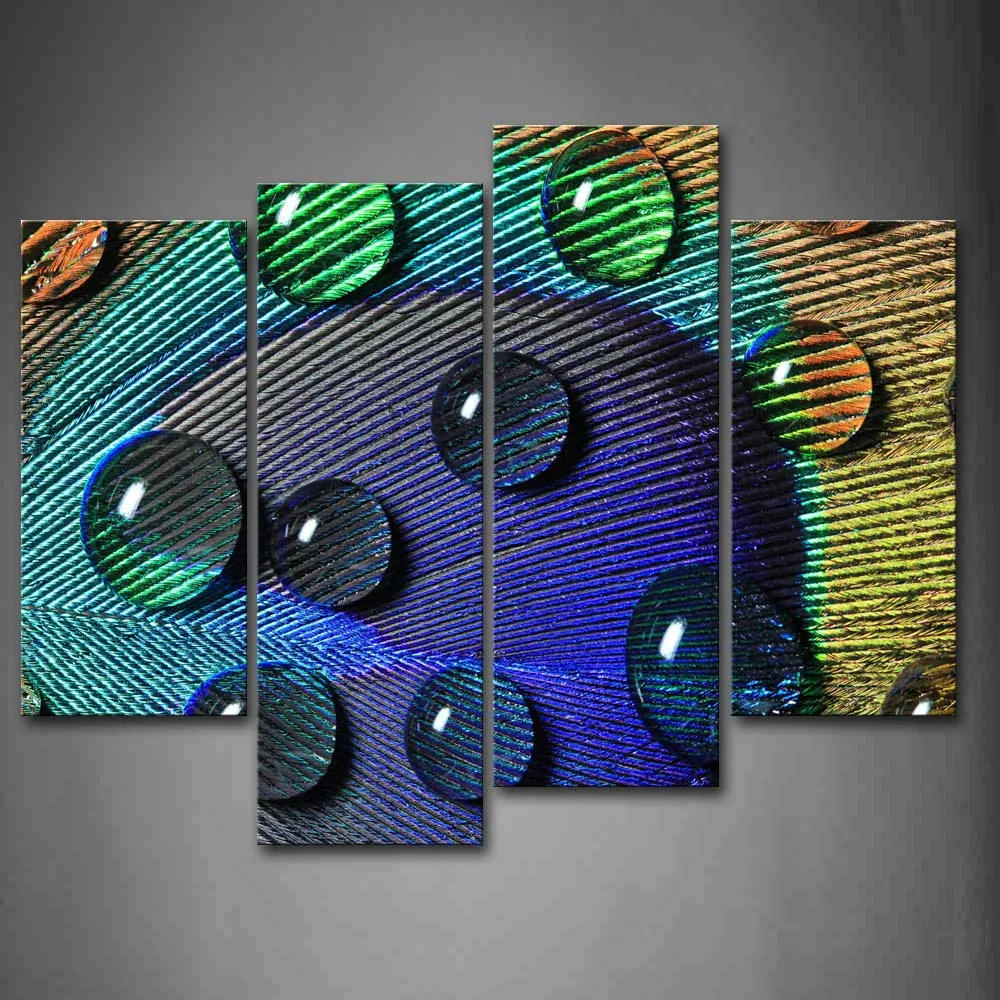 

Framed Wall Art Pictures Water Drops Feather Peacock Canvas Print Art Modern Posters With Wooden Frames For Living Room