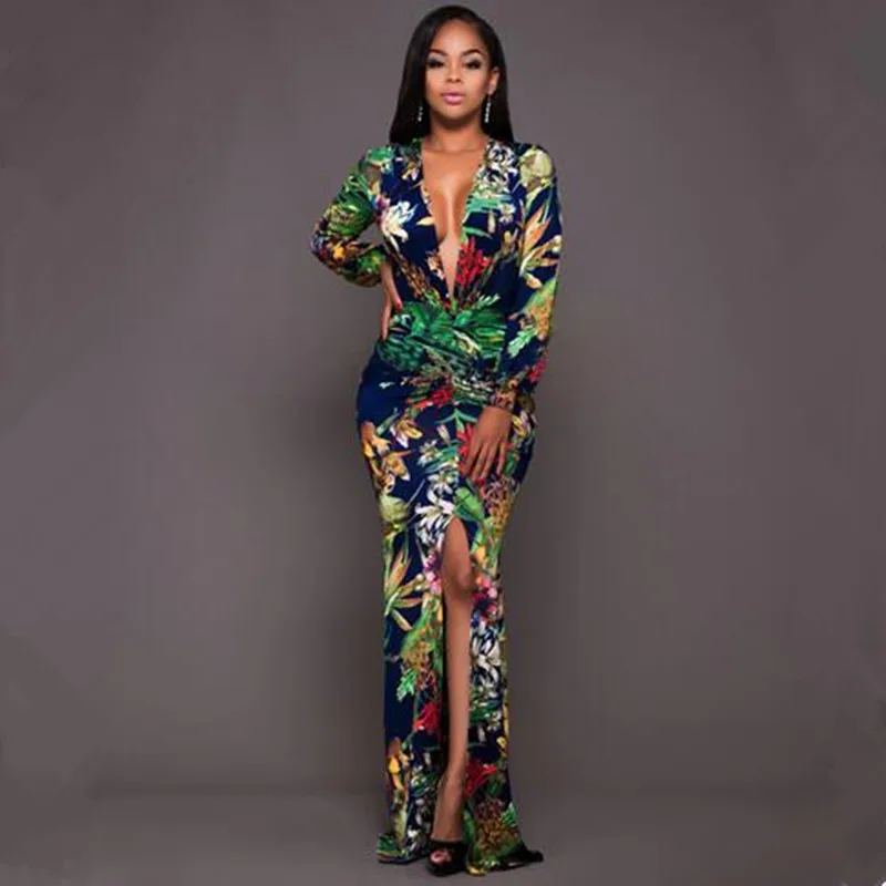 

Printing Dresses Europe Spring Autumn Noble lady colorful Flowers Floral Print Court style Slim Split Wedding party Long dress