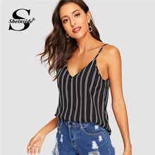 Sheinside двойной V шеи в Вертикальную Полоску Cami Top Для женщин Черный и белый жилет Лето бретели Топ женский Повседневное Топы