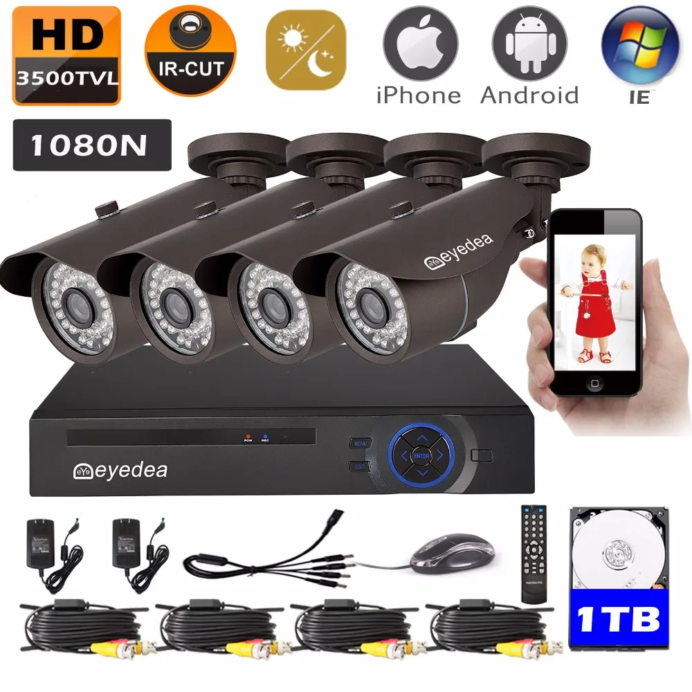 

Eyedea 8CH 1080N Phone View DVR 3500TVL 960P CMOS 36 LED Night Vision Outdoor Waterproof Home CCTV Security Camera System 1TB HD