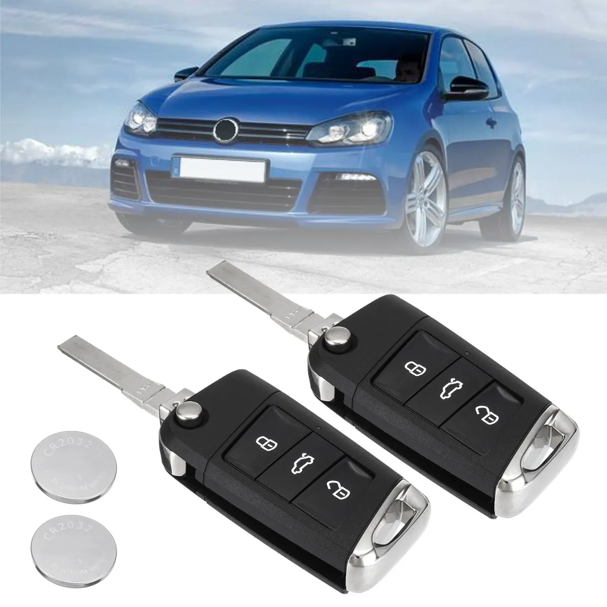 2Pcs 3 Buttons CR2032 HAA Blade Remote Flip Key Fob Case Shell W/ Battery for VW/Volkswagen Golf