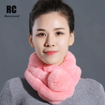 

[Rancyword] Women Fur Scarf Ball Winter Real Rex Rabbit Fur Scarves Collar Female Warm Neck Color Pompoms cachecol RC1342