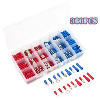 

360pcs Electrical Crimp Terminals Insulated Butt Connectors Spade Ring Fork Copper Terminators Set With Storage Box Red Blue