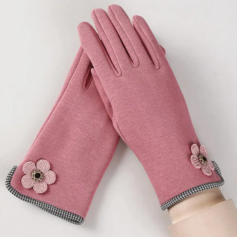 

Female Winter Warm Outdoor Sports Wrist Plus Cashmere Cotton Fashion Flowers Gloves Women Full Finger Touch Screen Gloves 13B