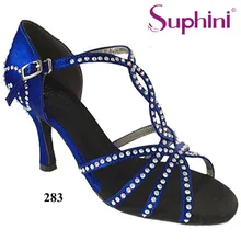Free Shipping Suphini Brand Blue Satin Latin dancing shoes Women’s Rhinestone shoes Salsa Party Latin Dance Shoes