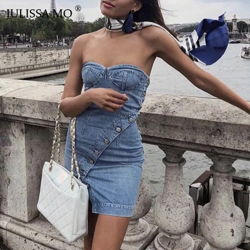 Julissamo без бретелек Разделение пикантные джинсовые Bodycon платье Для женщин Off