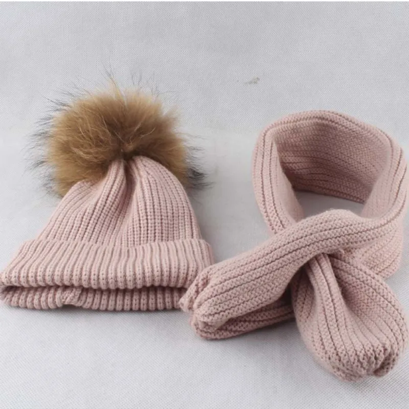 Детский зимний шарф, шапка, комплект из натурального меха енота, вязаные шапки с помпоном и шарфы для девочек, зимняя шапка с кроличьим мехом, комплект с шарфом - Цвет: dark pink