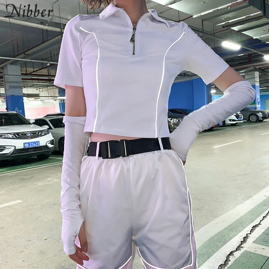 

Nibber fashion Reflective cotton whitr black short sleeve tops womens T-shirts summer high street casual Active wear tee shirts
