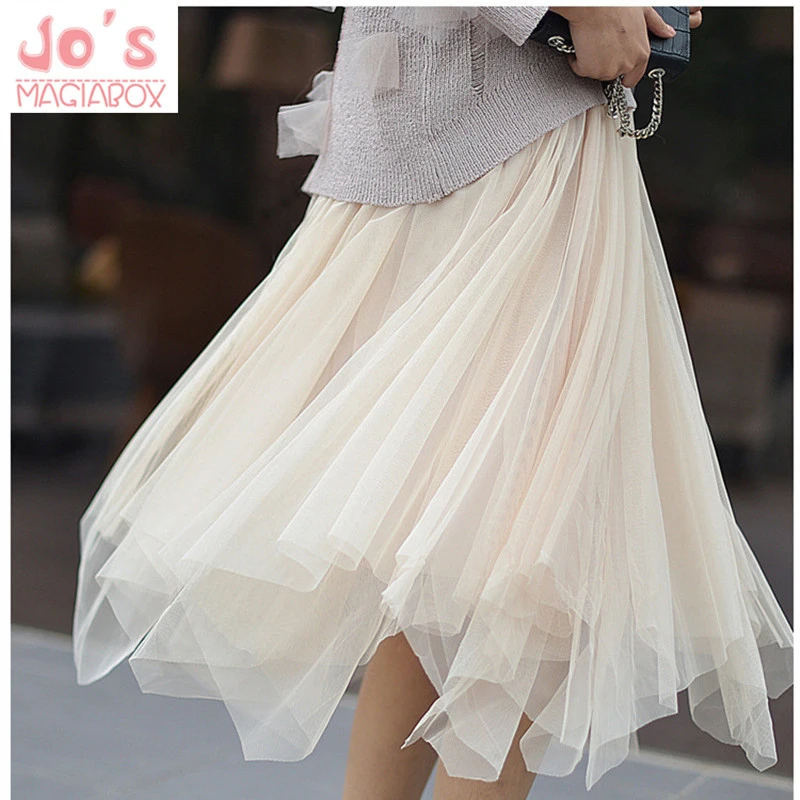 

2019 Korean Lace Long Skirts Women Solid Office Lady High Waist Skirt Multilayer Mesh Long Faldas Irregular Elasticity Skirts