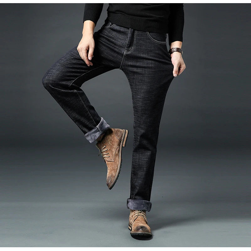 Icpants зимние мужские джинсы из денима черные теплые классические плотные мужские джинсовые комбинезоны мужские штаны Bule Большие размеры 38 40