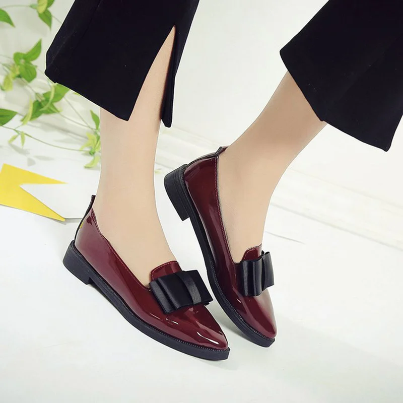 Dropshipping Women Shoes Bowtie Flats Patent Leather Elegant Low Heels Slip On Footwear Female Pointed Toe Thick Heel XXZ04