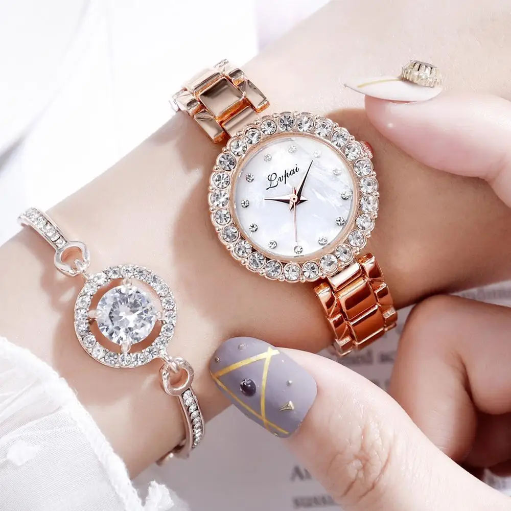 

New 2019 Women Crystal Watches Jewelry Luxury Diamond Rose Gold Steel Belt Watch Fashion Quartz Watch Bracelet Set For Lady Gift