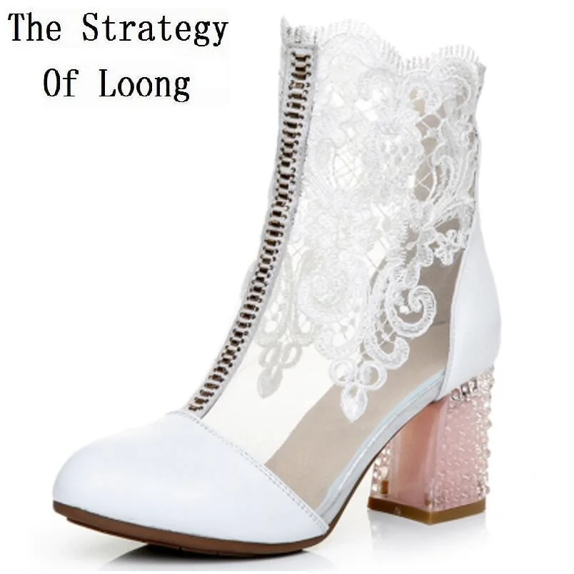 

Women Real Leather Summer Cut Out Lace Ankle Boots Genuine Leather Lady Cutout Flowers Big Size Short Boots Plus Size Shoes 8413