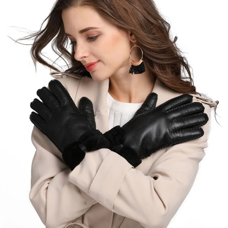 Русская зима высокое качество натуральный овечий мех женские перчатки зимние теплые перчатки женские перчатки из натуральной кожи митенки перчатки