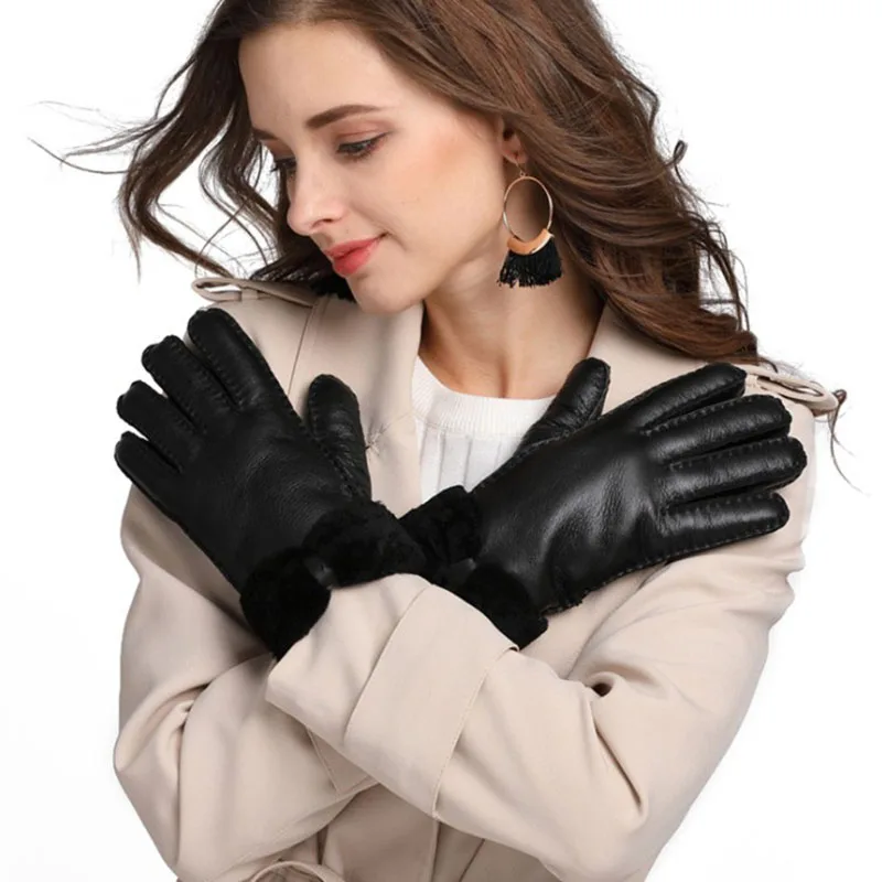 

Russian Winter 2019 High Quality Genuine Sheep Fur Women's Gloves Winter Warm Gloves Female Real Leather Gloves Mitts Gloves