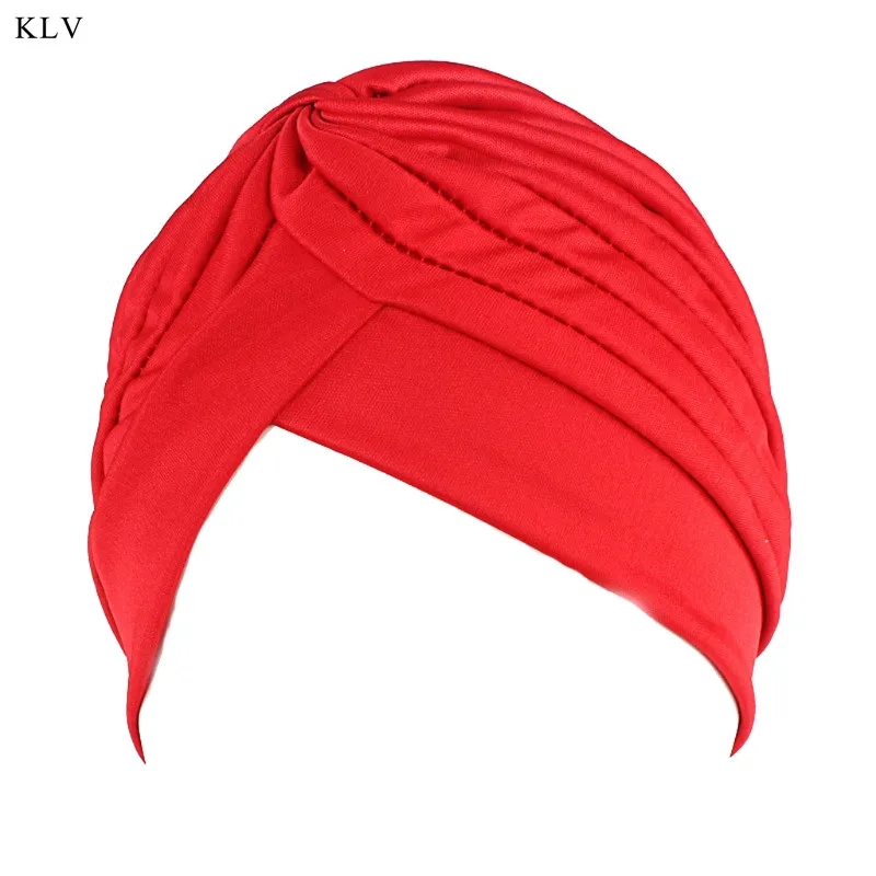Женский Мужской Тюрбан повязка на голову бандана для химиотерапии хиджаб плиссированная индийская Кепка - Цвет: Red
