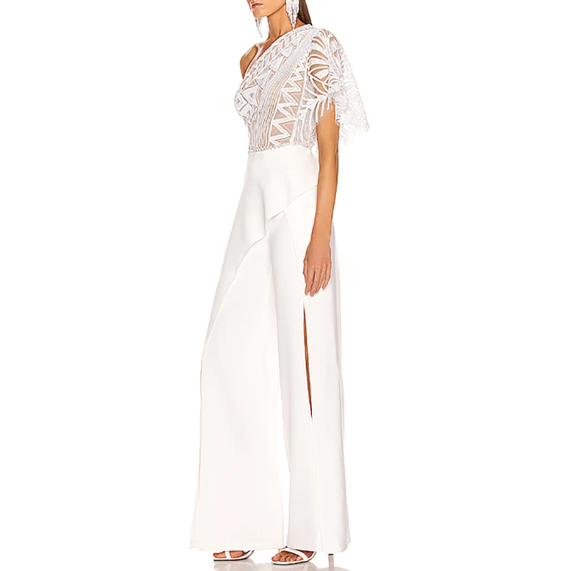 Max Spri 2019 Summer New Fashion One Shoulder Short Sleeve Lace Ruffles Women Elegant Split Loose Long Jumpsuits Max Spri 2019 Summer New Fashion One Shoulder Short Sleeve Lace Ruffles Women Elegant Split Loose Long Jumpsuits