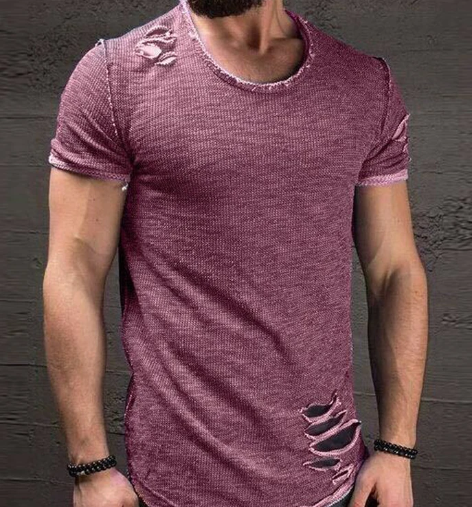 Модная летняя рваная одежда, мужская футболка с дырками, Однотонная футболка, облегающая футболка с круглым вырезом и коротким рукавом, повседневные футболки из Джерси