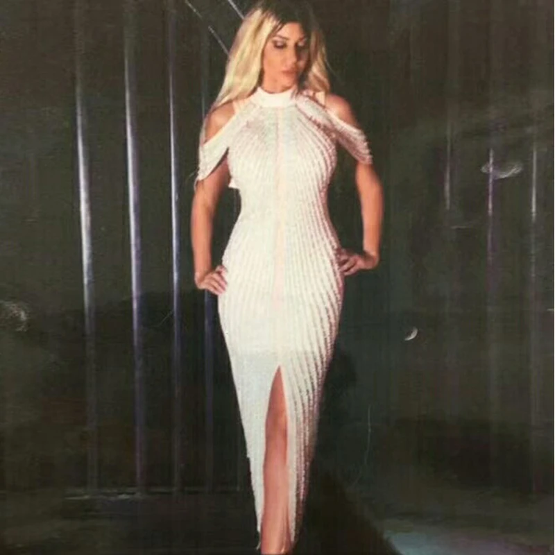 

HIGH STREET Newest Fashion Runway 2018 Designer Party Dress Women's Chic Pearl Beaded Diamonds Slit Dress