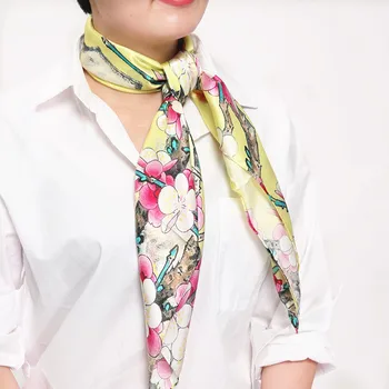 

100% silk women square scarf 2015 new fashion scarf size:88X88 thickness:12mm pink scarf bird magnolia flower yellow