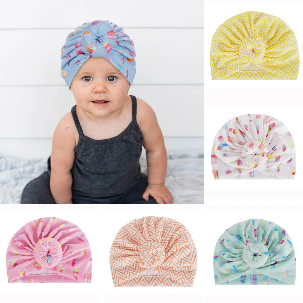 

2019 New Unisex Fashion Newborn Baby Turban Girls Boys Printed Knot Hemming baby Hat photography props Cap India Hats
