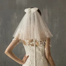 SLBRIDAL двухслойные жемчужины бантом свадебные фаты для лица с гребни невесты Фата свадебная одежда аксессуары для невесты Mariage для женщин
