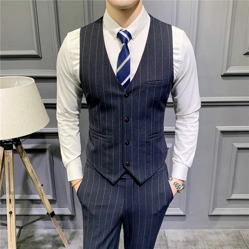 Fashion Suit Vest Men Striped Formal Dress Slim Fit Vest Sleeveless Jacket Male Business Wedding Waistcoat Plus Size 5XL