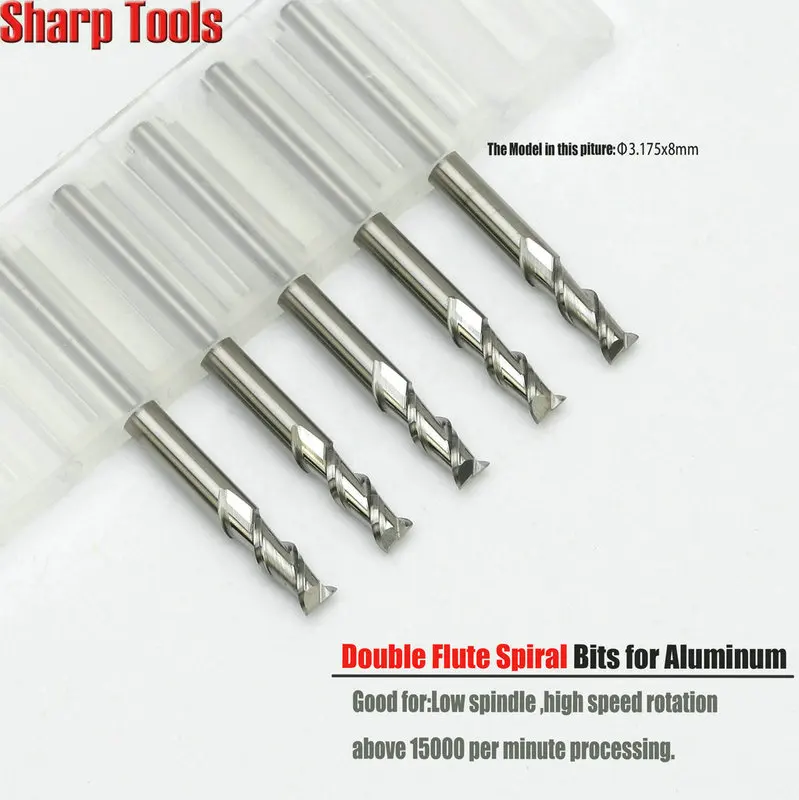 3.175x8mm 2 Flute Aluminum Milling Cutter Tools CNC Router Bits Set Spiral Engraving Tungsten Carbide End Mill for Aluminium