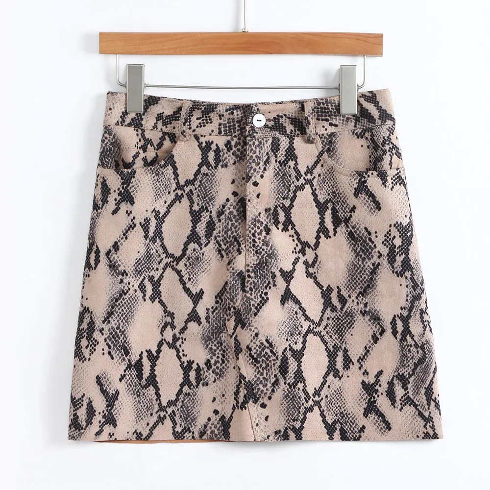 

2018 New Fashionable Women Sexy Snake Print Skirt Elastic Suede Zipper Button Short Mini Skirt Khaki Fashion Women Gift