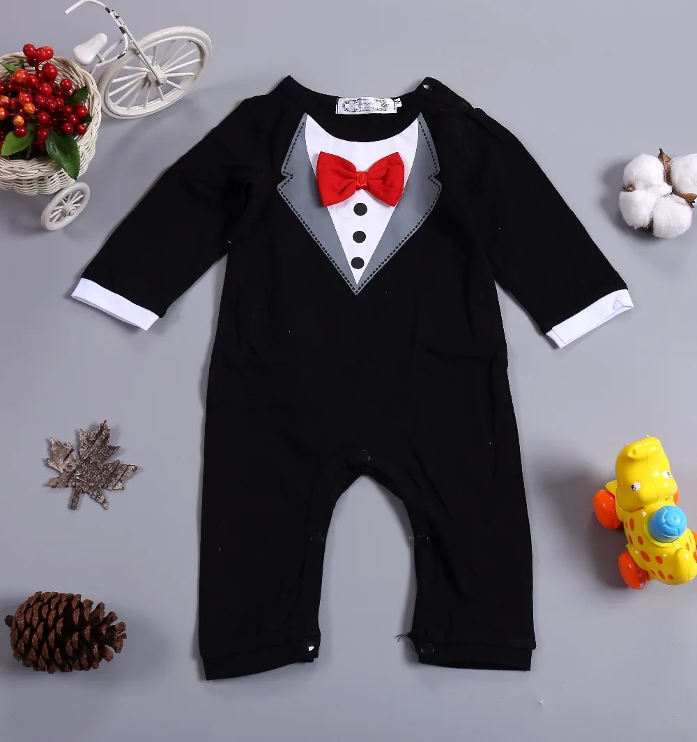 Новорожденных Для маленьких мальчиков комбинезон Весна и осень детская одежда с длинным рукавом черный маленький человек галстук-бабочка