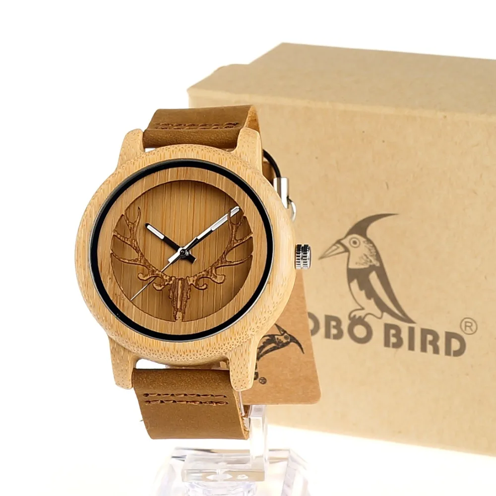 BOBO BIRD A27 Skeleton Watch With Deer Buck Head Design Bamboo Wood Quartz Watches With White Real Leather Band in Box Relogio