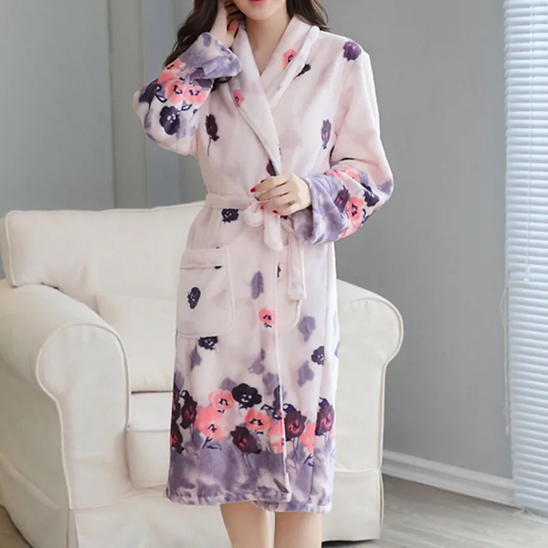 2016 Women Winter Bathrobes Long Sleeve Comfort Soft Flannel Robe
