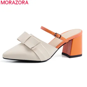 

MORAZORA 2020 new arrival women pumps genuine leather shoes bowknot pointed toe mules shoes mixed colors dress shoes woman