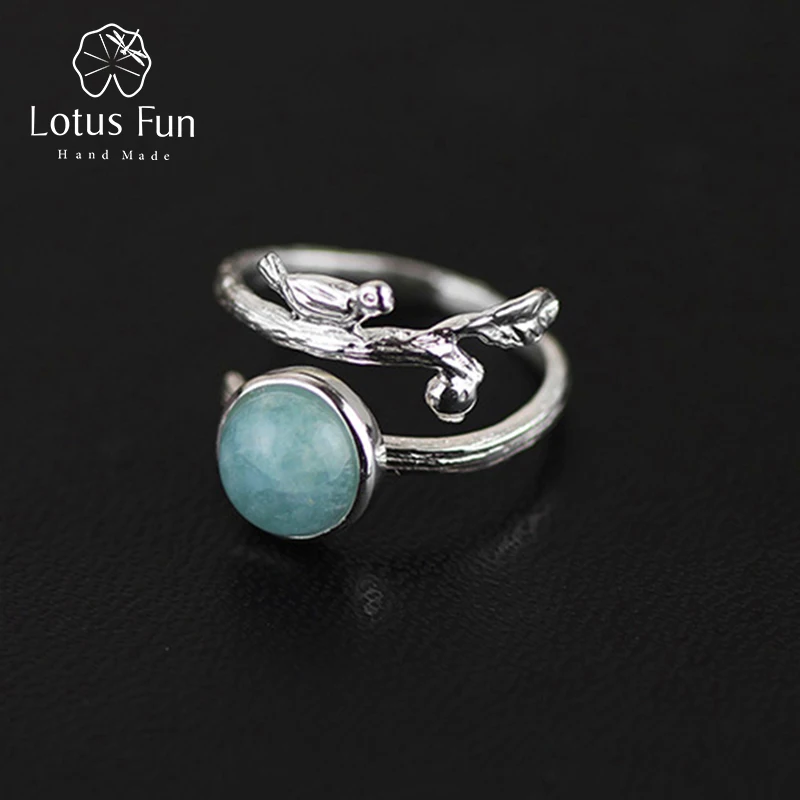 Lotus Fun Real 925 Sterling Silver Natural Aquamarine Stone Handmade Original Designer Fine Jewelry Vintage Female Rings Bijoux