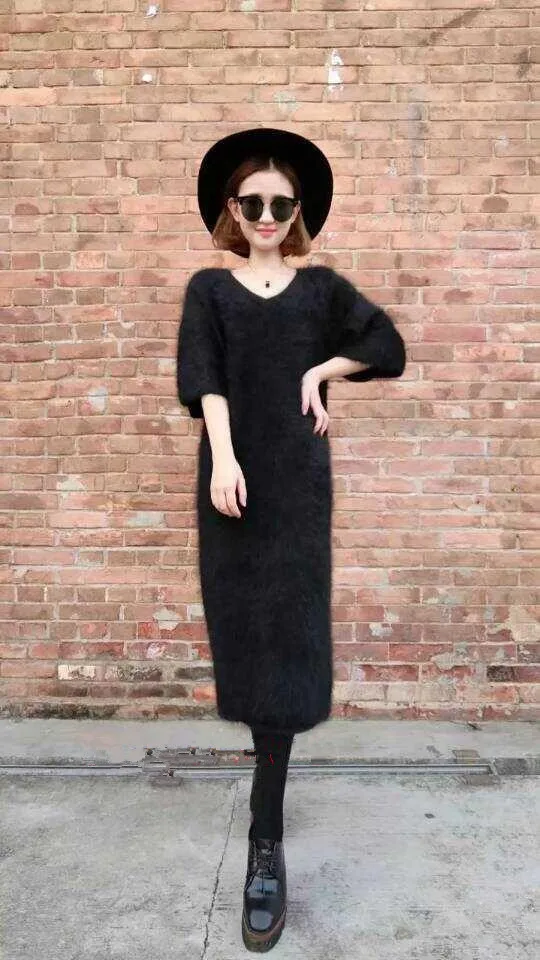 2018 New Women Mink Cashmere Sweater 125CM Longer Dress Cashmere Sweater Female V Neck Three 