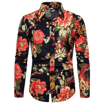 

Casual Floral Men's Shirt Stay Casual Long-sleeved Linen Shirts for Men Plus size Flower Blouse Men New