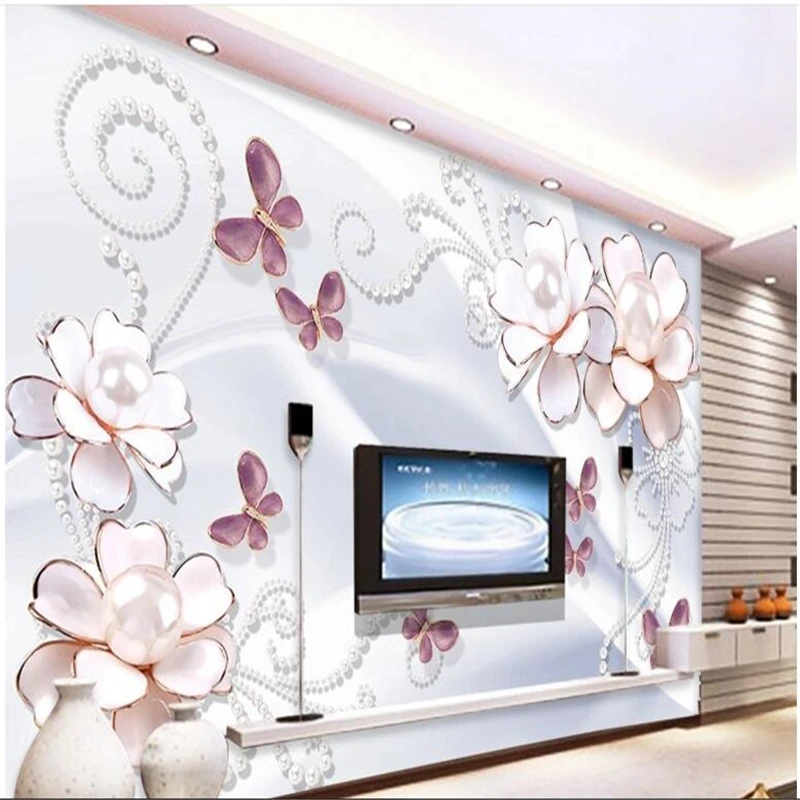 

beibehang Custom wallpapers large mural pearls three - dimensional flowers Dielianhua TV backdrop non - woven papel de parede